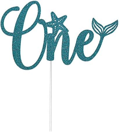 One Mermaid Cake Topper, Under the Sea 1st Birthday Party Decorations, Mermaid Party Decorations for Girls Blue Glitter