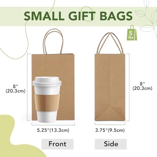 MESHA Gift Paper Bags Brown 5.25x3.75x8 Inch 20 Pack,Kraft Gifts Shopping Bags with Handles,Small Craft Size for Merchandise Grocery Retail Birthday Kids Party Favors Wedding Graduation(Made in USA)