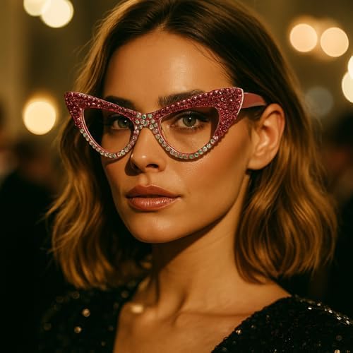ICARA Sparkling Crystal Rhinestone Cat Eye Reading Glasses for Women Anti Blue Light Trendy Diamond Reader