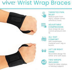 Vive Wrist Wrap Braces (2 Pack) - Tendonitis Support for Carpal Tunnel Arthritis - Sprained Pain Protection Sleeve - Weightlifting & Calisthenics Compression Stabilizer for Women, Men - Adjustable