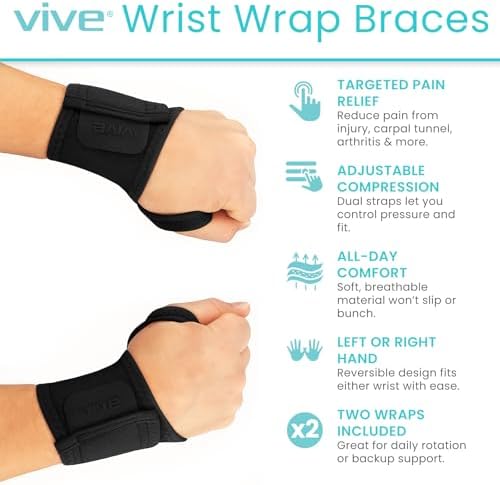 Vive Wrist Wrap Braces (2 Pack) - Tendonitis Support for Carpal Tunnel Arthritis - Sprained Pain Protection Sleeve - Weightlifting & Calisthenics Compression Stabilizer for Women, Men - Adjustable
