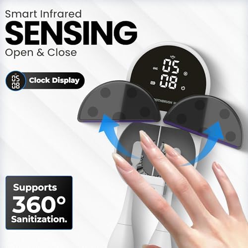 UV Toothbrush Sanitizer Holder & Cleaner with Led Clock Display, Hands-Free Wave Sensing & Dual Toothbrush Storage - Wall Mounted UV Tooth Brush Sanitizer Holder for Bathroom Decor, Fits All Brushes