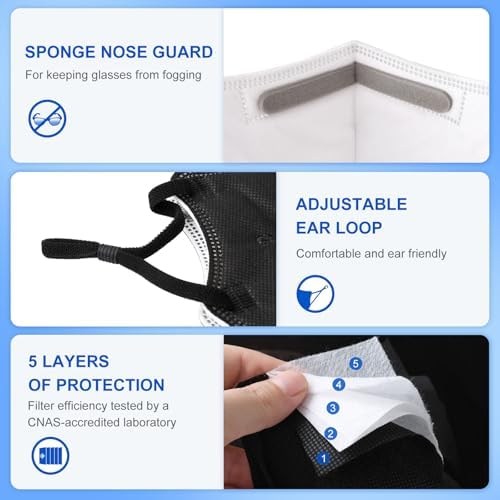 KN95 Adjustable Face Masks 10 Pack Individually Wrapped Adult Masks with Adjustable Ear Loops and Anti-Fog Nose Pad