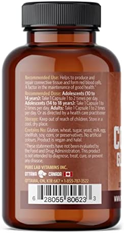 Pure Lab Vitamins Copper Glycinate Mineral Supplement -1 mg - 60 Vegan Caps Essential for Collagen Production, Supports Immune System & Red Blood Cell Formation - Gluten Free Made in Canada