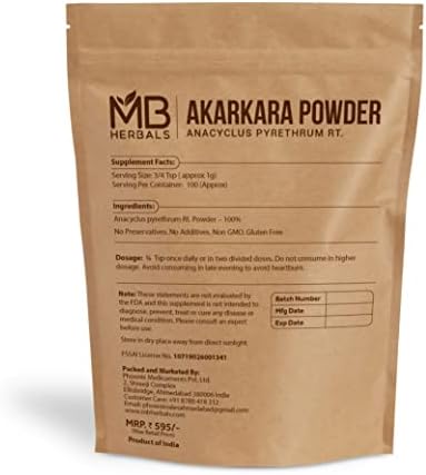 MB Herbals Pure Anacyclus pyrethrum Root Powder 3.5 oz / 100 Gram | Akarkara | Akar Kara | Pellitory | Longwort Root Powder | Spanish Chamomile Root Powder