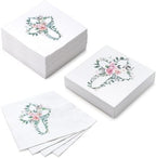 WRAPAHOLIC 50Pcs Floral Baptism Napkins - 3 Ply Floral Cross Disposable Paper Luncheon Napkins for Christening Religious, First Communion, Newborn Baby Shower Party Supplies - 6.5 x 6.5 In