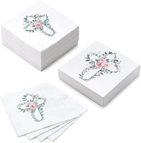WRAPAHOLIC 50Pcs Floral Baptism Napkins - 3 Ply Floral Cross Disposable Paper Luncheon Napkins for Christening Religious, First Communion, Newborn Baby Shower Party Supplies - 6.5 x 6.5 In