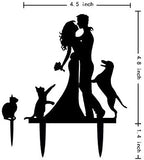 Kissing Bride and Groom with Cat and Dog Silhouette Wedding Acrylic Cake Topper (Black)