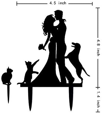 Kissing Bride and Groom with Cat and Dog Silhouette Wedding Acrylic Cake Topper (Black)
