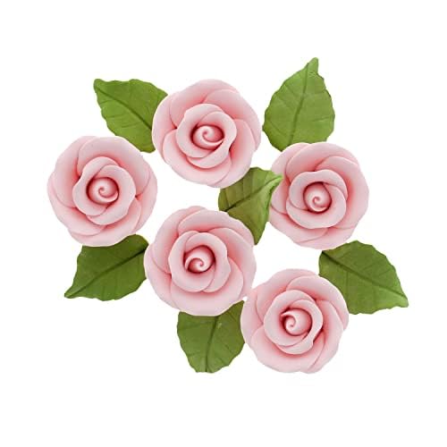 Global Sugar Art Premium Wedding Rose Edible Sugar Cake & Cupcake Flowers, Pink, 12 Count with Leaves by Chef Alan Tetreault