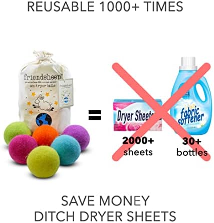 Friendsheep Wool Dryer Balls, Organic Reusable Fabric Softener Alternative for Laundry, Handmade, Fair Trade, Hypoallergenic, Eco-Friendly, Plastic-Free (6 Pack XL - Rainbow Blast)