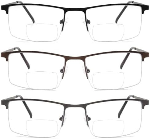 3 Pack Bifocal Reading Glasses for Men,Lightweight Metal Half Frame Clear Top Bi-focal Readers with Spring Hinge+2.00