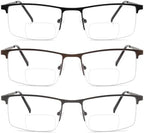 3 Pack Bifocal Reading Glasses for Men,Lightweight Metal Half Frame Clear Top Bi-focal Readers with Spring Hinge+2.50