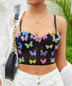 Testudineus Women Chic Butterfly Embroidered Corset Top Spaghetti Strap Sheer Mesh Push Up Bustier Bralette