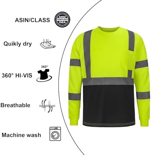 High Visibility Class 3 Shirts，Hi Vis Safety Long Sleeve Quick Dry Mesh Construction Work