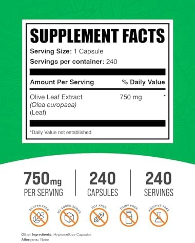 BulkSupplements.com Olive Leaf Extract Capsules - Olive Leaf Supplement, Olive Leaf Capsules - Immune Support, Gluten Free, 1 Capsule per Serving, 240 Veg Capsules (Pack of 1)