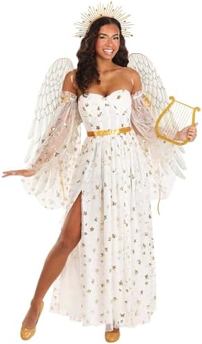 Adult Premium Angel Costume | Women's Heavenly Guardian Angel Dress w/Sleeves, Radiant Crown Headband, Gold Wings