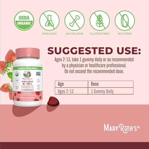 MaryRuth Organics Kids Probiotics for Digestive Health | USDA Probiotic Gummies | 2 Month Supply | Kids Probiotics | Immune Support | Gut Health Supplement | Vegan | Non-GMO | Gluten Free | 60 Count