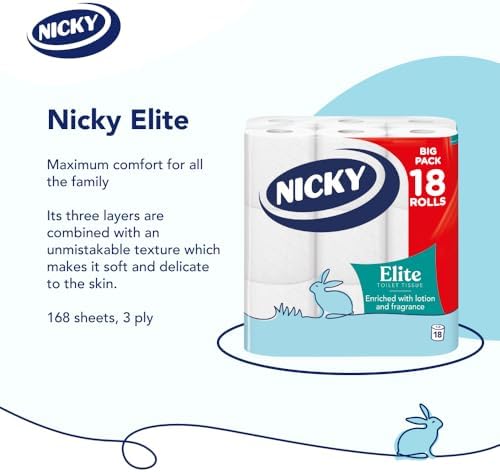 Nicky Elite 3 Ply Quilted Toilet Tissue, 18 Rolls