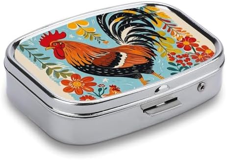 Metal Pill Box with Mirror - 2 Compartment Travel Pill Case for Purse Portable Pillbox Compact Vitamin Container Rooster and Chicken Print Medicine Organizer for Fish Oil & Supplement