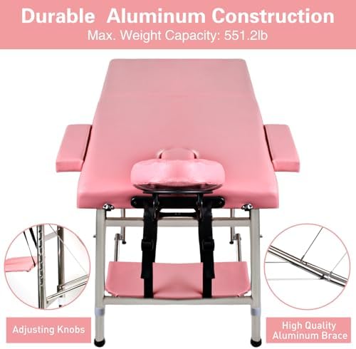 Massage Table Portable Height Adjustable Massage Bed Lightweight Foldable Spa Lash Tattoo Esthetician Bed 24" Wide Aluminum 2 Fold with Carrying Case (Pink)