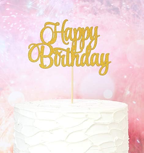 Gold Happy Birthday Cake Topper - Golden Glitter Birthday Party Cake Decoration Supplies, Single Sided Cake Smash Decoration Photo Booth Props, Gold Paper Cake Flags Sign