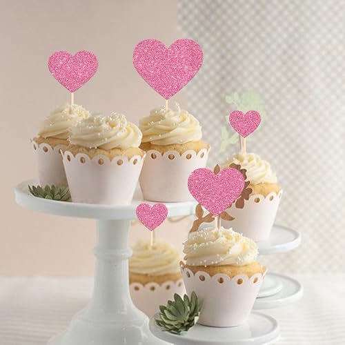 Rsstarxi 35 Pack Love Heart Cupcake Toppers Pink Glitter Sweet Heart Cupcake Picks for Baby Shower Bridal Wedding Birthday Valentine's Day Party Cake Decorations Supplies