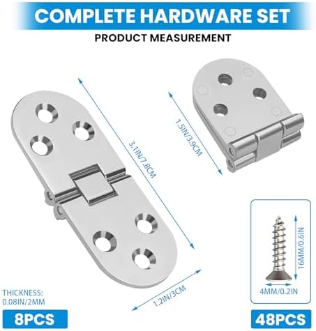 8 Pack 180 Degree Folding Table Hinge, Heavy Duty Zinc Alloy Sewing Machine Flip Top Butler Tray Hinge with Screws for Furniture Cabinet Door, 3.1x1.2in, Silver