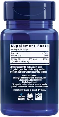 Life Extension Vitamin D3 125 mcg (5000 IU), Bone Health, Brain Performance, Immune System Support, Gluten-Free, Non-GMO, Once Daily, Two-Month Supply, 60 Softgels