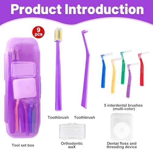 9-in-1 Orthodontic Oral Care Kit with Case – Toothbrush, End Tuft Toothbrush, 5 Interdental Brushes, Dental Floss, Dental Wax – Portable Hygiene Set for Braces and Daily and Travel Use (Purple)