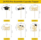 24 Pcs Graduation Cupcake Toppers 2026 - Congrats Grad Decorations Class of 2026, Pre-Assembled Black Gold Grad Cake Topper Centerpieces for Graduation Party Decoration Supplies Table Decor, 6 Styles
