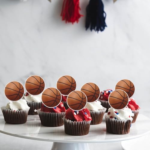 60 Pack Edible Basketball Cupcake Toppers Wafer Paper Edible Sports Balls Cake Picks for Basketball Theme Baby Shower Kids Birthday Party Cake Decorations Supplies