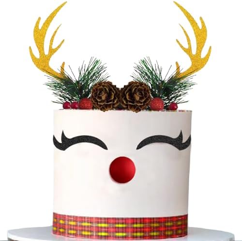 15PCS Christmas Cake Topper Reindeer Ears Eyelashes Antler Cake Decorations Set for Christmas Reindeer Themed Party