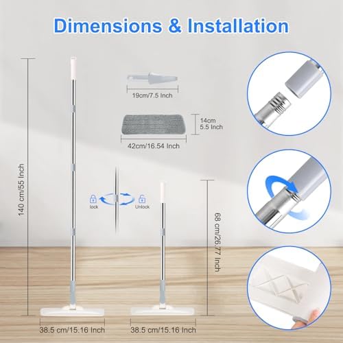 wlich Microfiber Mop for Cleaning Floors,55 Inch Extendable Flat Mop with 4 Reusable Washable Pads, 1 hook, 1 wall piece, and 1 scraper, Wet Dry and Dust Mops for Bathroom Kitchen, Floor,Ceramic Tiles