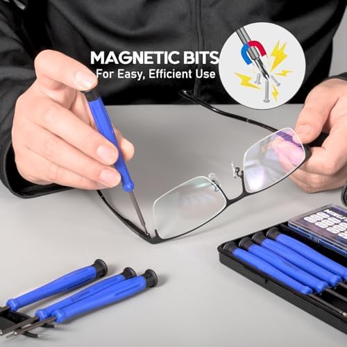 Eye Glasses Repairing Kit, MINGFIX Magnetic Eyeglass Repair Tool Set with Multiple Size Screws,8 Precision Screwdrivers,Nose Pads,Ear Grips and Tweezer with Travel Case for Glasses,Sunglasses