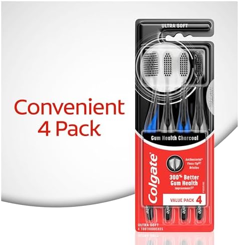 Colgate Gum Health Charcoal Toothbrush with Ultra Soft Floss Tip Bristles, Extra Soft for Sensitive Gums and Teeth, 4 Pack