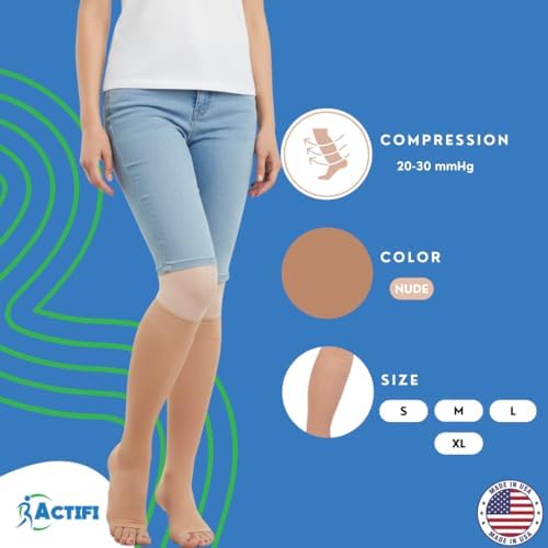 Actifi Women's Sheer 20-30 mmHg Compression Stockings, Knee High, Open Toe, Firm Support