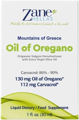 Zane Hellas 70% Oregano Oil. Greek Essential Oil of Oregano .86% Min Carvacrol. 112 mg Carvacrol Per Serving. Probably The Best Oregano Oil in The World. 1 fl. oz.- 30ml