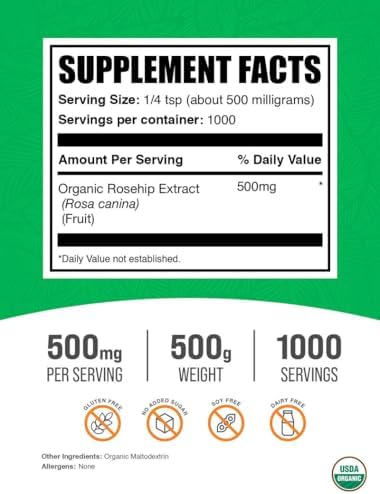 BulkSupplements.com Organic Rosehip Extract Powder - Rose HIPS Supplement, Rosehip Powder - Herbal Supplement, Antioxidants Source - Gluten Free, 500mg per Serving, 500g (1.1 lbs) (Pack of 1)