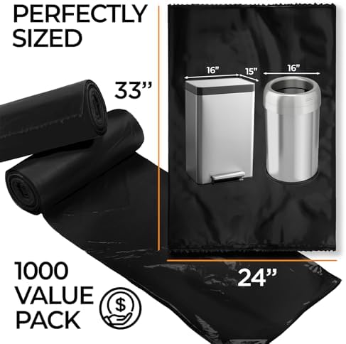 ToughBag 13 Gallon Black Trash Bags, 24 x 33" Black Garbage Bags (1000 COUNT) – Bulk Trash Bag 13 Gallon Tall Kitchen 1000 - Made In USA