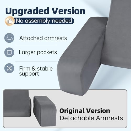 ENITYA 19" Back Support Pillow,Reading Pillow with Attached Arms & Large Pockets, Removable Washable Cover, Wedge for Sitting,Reclining,Watching TV,Post Surgery in Bed,Couch or Floor,Medium Firm,Grey