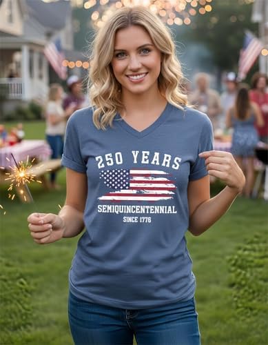 250th Anniversary USA Shirt for Women 1776-2026 Patriotic American Flag V Neck T-Shirt July 4th Graphic Tee