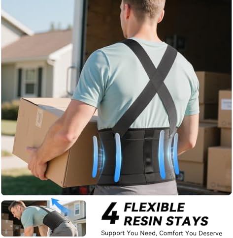 Work Back Brace for Men & Women, Adjustable Lower Back Support Belt with Suspenders for Back Pain Relief, Moving Construction Warehouse Heavy Lifting Safety & Protection (Black, Medium)