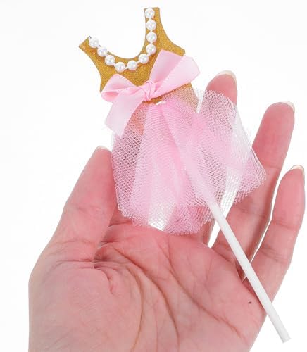 COHEALI 5Pcs Gold Pearl Princess Tutu Cake Toppers | Glitter Ballerina Dress Cupcake Picks for Baby Shower, Girls Birthday Party Decor | Tulle Skirt Cake Decorations