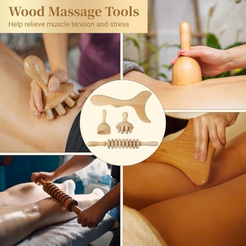 Wooden Massage Tools for Body Sculpting, Wood Maderoterapia Kit with Roller Stick, Mushroom Massager, Contouring Board, 4 Pcs Cup
