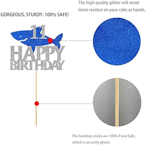 Shark Happy 11th Birthday Cake Topper Blue Silver Glitter Boy Girl 11 Years Ocean Birthday Party Decoration