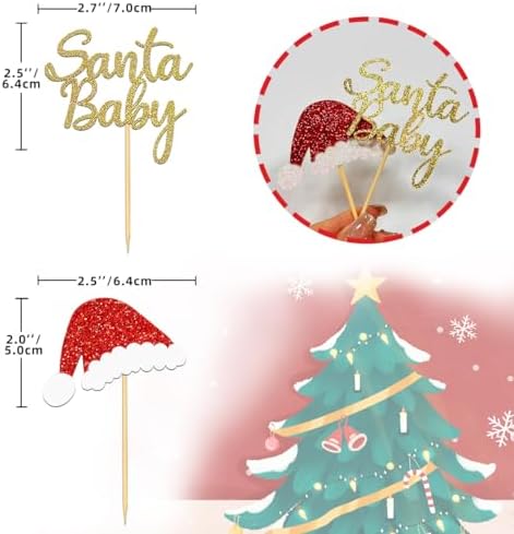 24pcs Glitter Christmas Santa Baby Cupcake Toppers, Christmas Hat Cupake toppers First Cake Decorations for Baby Shower Birthday Party Supplies (Baby A)