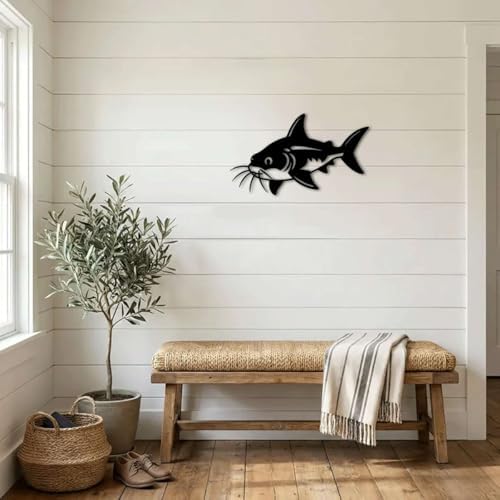 Catfish Design Metal Wall Art Metal Outdoor Decor Metal Signs Modern Artwork Whimsical Stunning Wall Decor Home Decoration for Living Room Bedroom Office Apartment (Black,12inch)