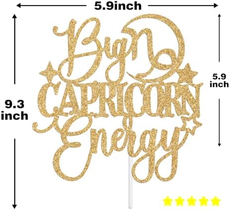 Big Capricorn Energy Cake Topper, Happy Birthday Capricorn in December/January, Capricorn Season, 12 Zodiac Constellation Theme Birthday Party Decoration Supplies, Gold Glitter