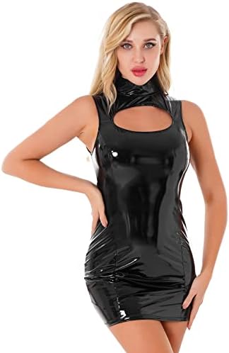 Sexy Womens Glossy Bodycon Dresses Patent Leather High Neck Sleeveless Dress Invisible Zipper Back Clubwear,Black,XXL
